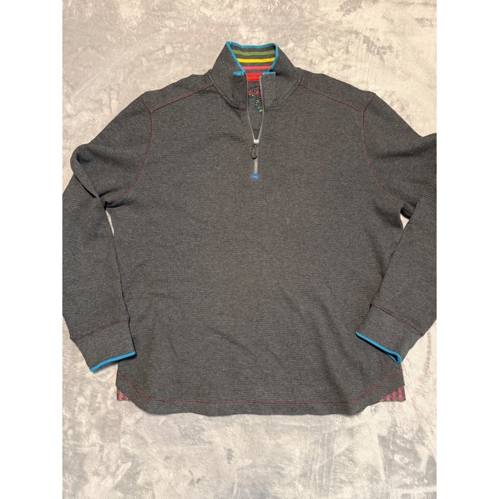 Robert Graham 1/4 Zip Pullover Mens Medium Gray Waffle Knit Striped Trim Classic